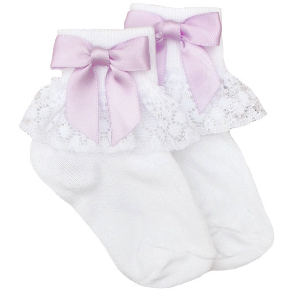 Girls White Lace Socks with Lilac Satin Bows childrensspecialoccasionwear.co.uk